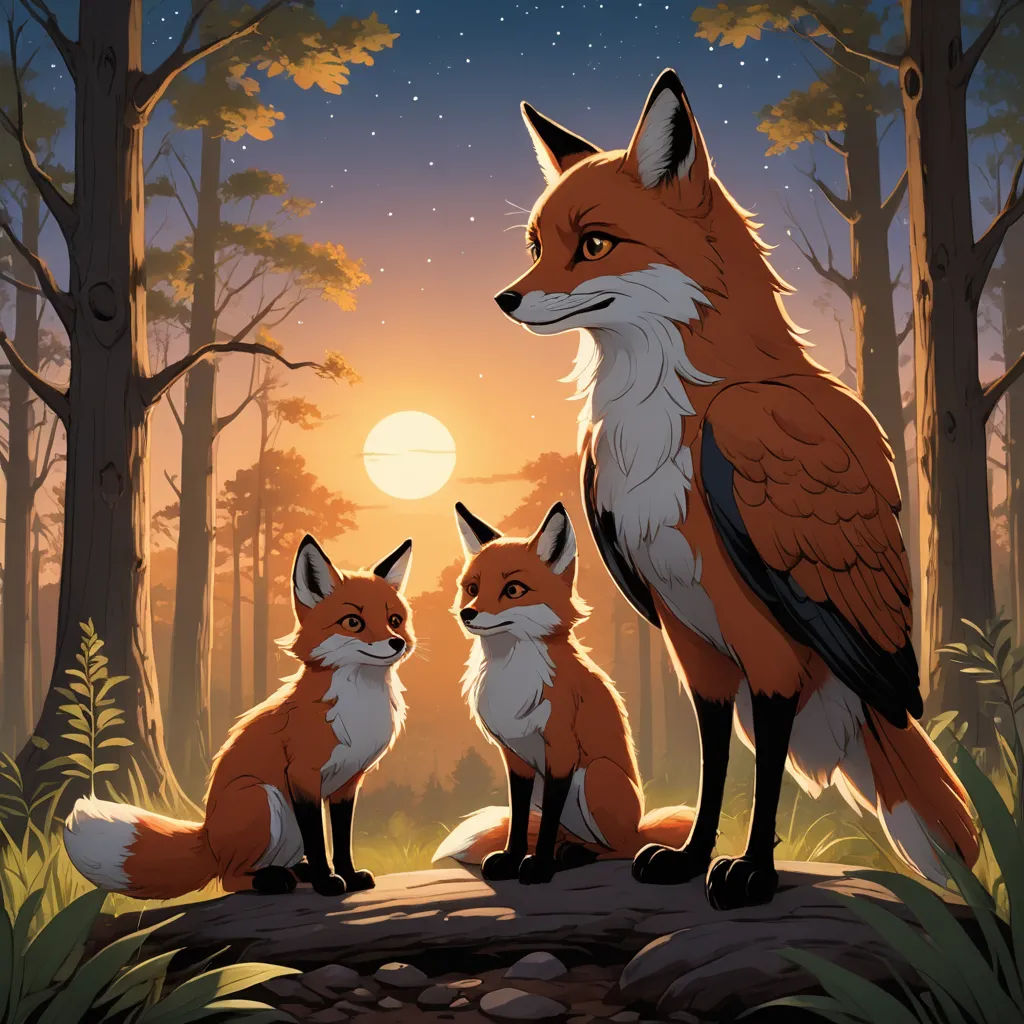 a couple of foxes standing on top of a forest under a sunset sky with stars and a full moon, furry art, an album cover, Dan Mumford, official art