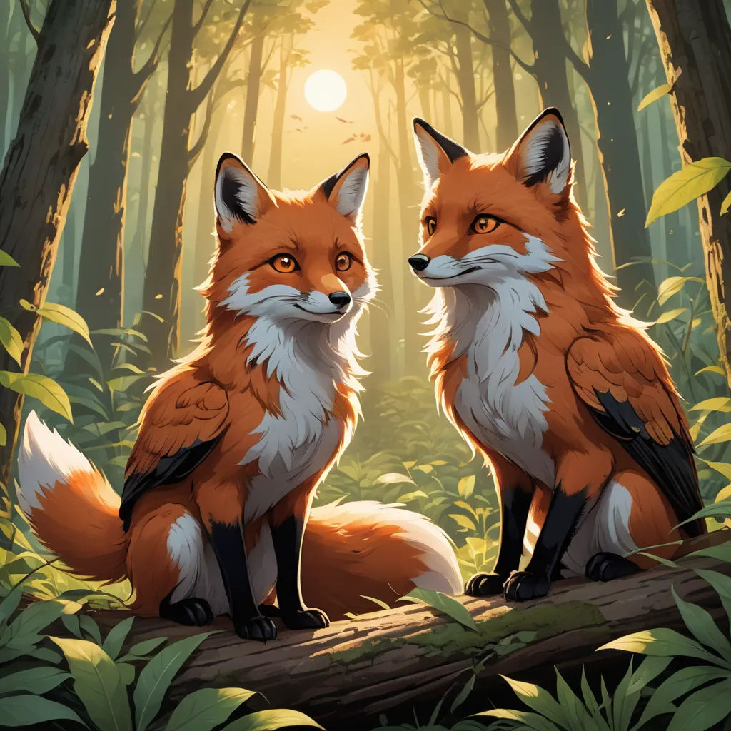 two foxes sitting on a log in a forest looking at each other with a bright light in the background, furry art, a painting, Dan Mumford, official art
