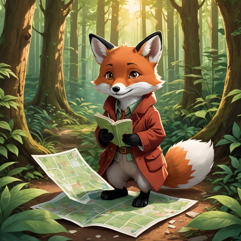 a fox is reading a map in the woods with a forest background and sun shining through the trees behind it, furry art, a storybook illustration, Aaron Jasinski, official art