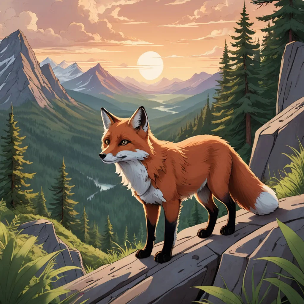 a fox standing on a rock in the mountains at sunset or dawn with a view of the mountains and trees, furry art, a storybook illustration, Dan Mumford, official art