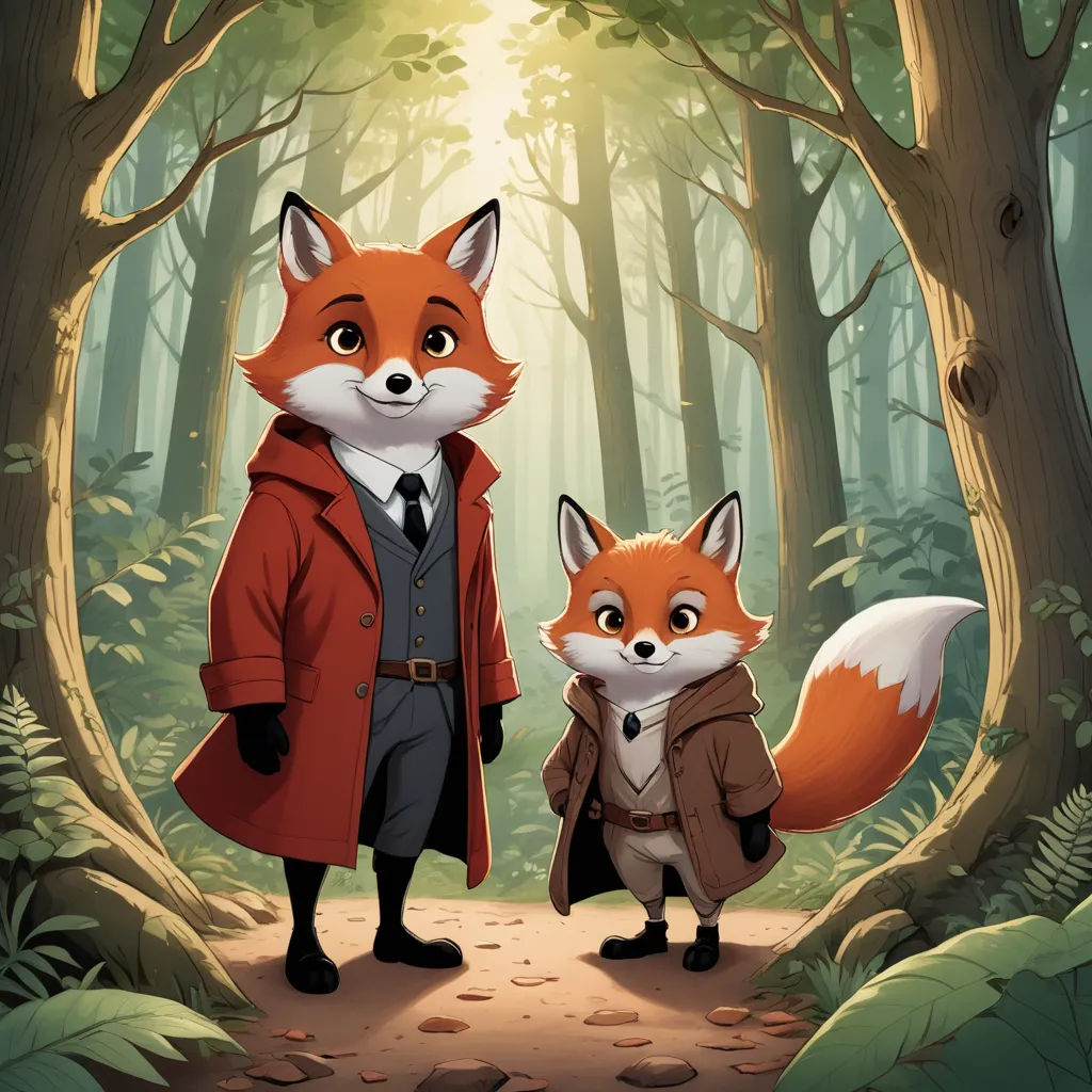 a fox and a fox in a forest with a man in a red coat and a fox in a brown coat, furry art, a storybook illustration, Cliff Childs, official art