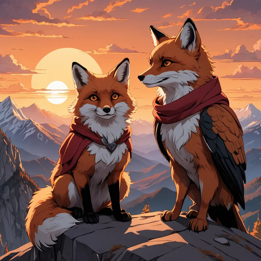 two foxes sitting on a rock with a sunset in the background and mountains in the background, with a bird perched on the rock, furry art, an album cover, Dan Mumford, official art