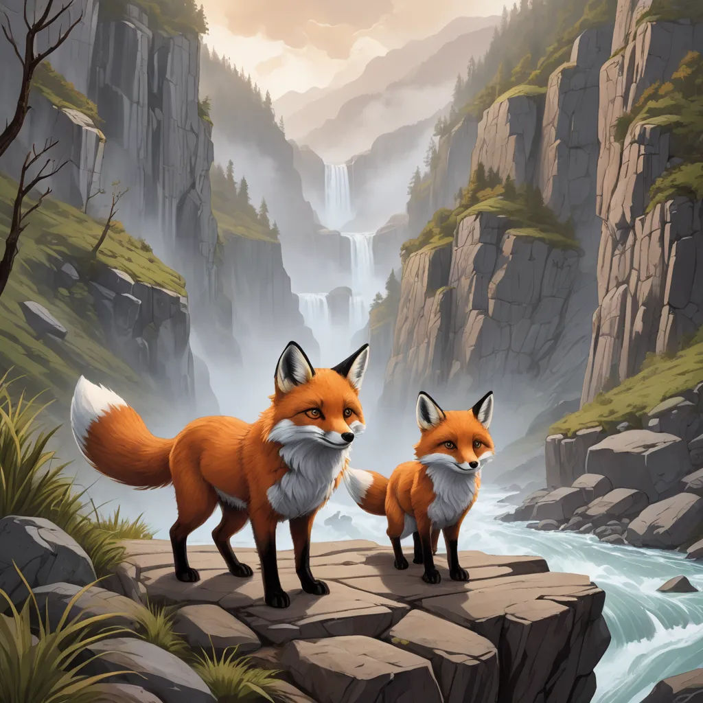 two foxes standing on a rock ledge in front of a waterfall and a river with a waterfall in the background, fantasy art, a storybook illustration, Dan Mumford, key art