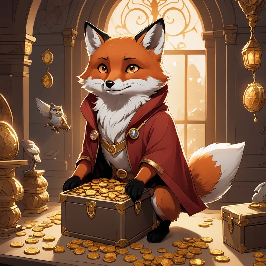 a fox in a red coat is sitting in a chest of gold coins and looking at the camera with a bird flying by, furry art, a storybook illustration, Aaron Jasinski, official art