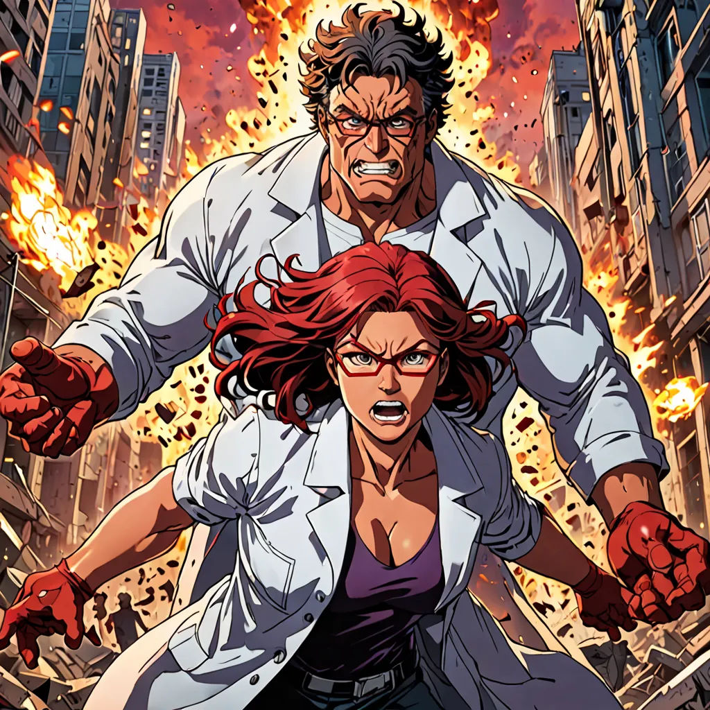 a man and woman in a city with a fireball in the background and a man holding a gun, rayonism, a comic book panel, Eizan Kikukawa, yukito kishiro