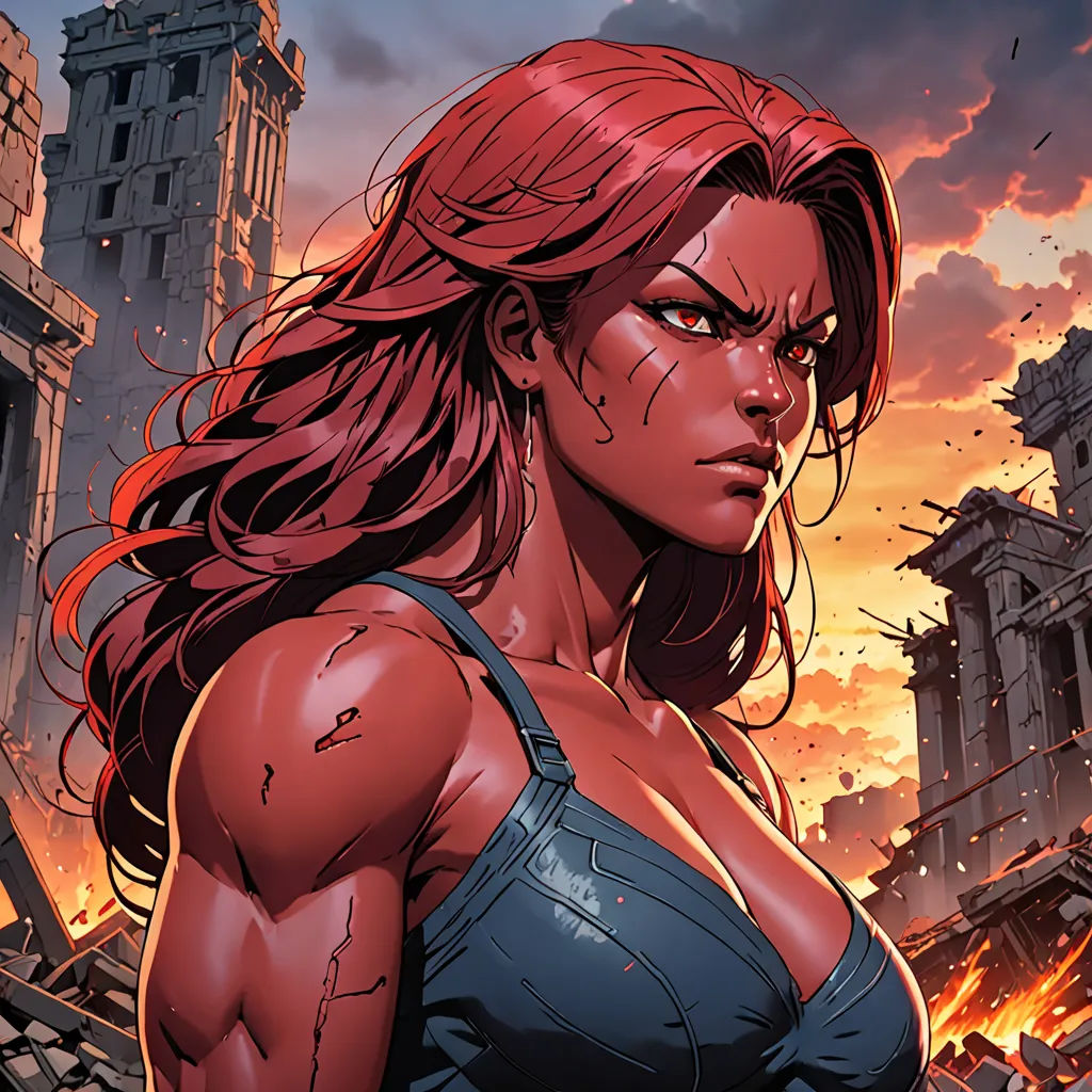 a woman with red hair and a tank top on in front of a city skyline with a fireball, fantasy art, a comic book panel, Artgerm, comic cover art