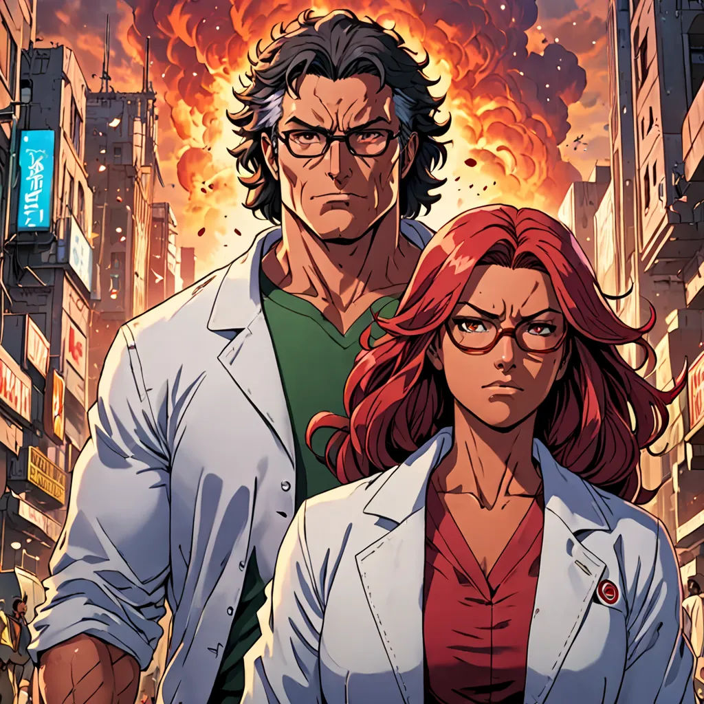 a man and a woman standing in front of a fire filled city street with buildings and a sky background, rayonism, a comic book panel, Ayami Kojima, yukito kishiro