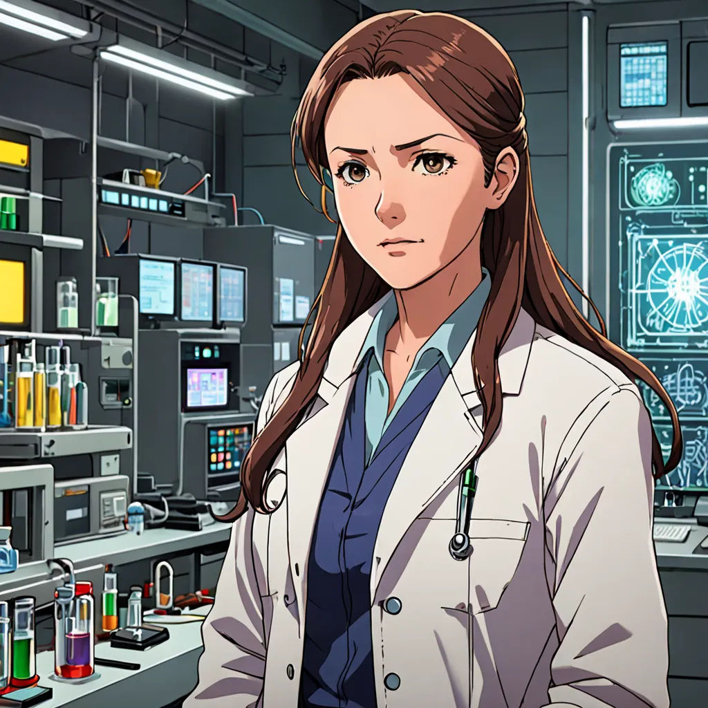 a woman in a lab coat standing in front of a shelf of laboratory equipment and bottles of liquid in a room with lights, rayonism, a character portrait, Chizuko Yoshida, official art