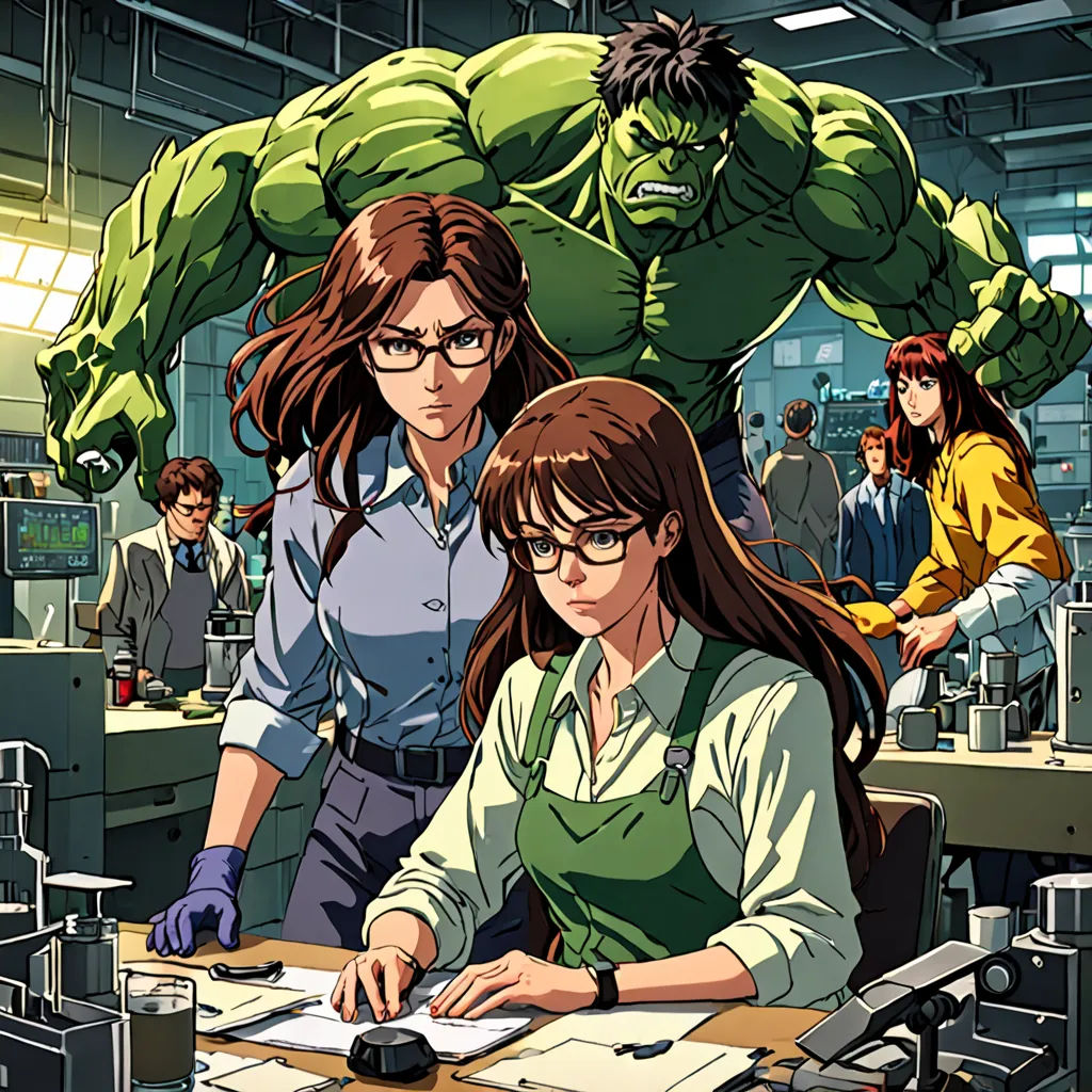 a woman sitting at a desk in front of a computer monitor next to a hulk man and a woman standing behind her, serial art, a comic book panel, Artgerm, yukito kishiro