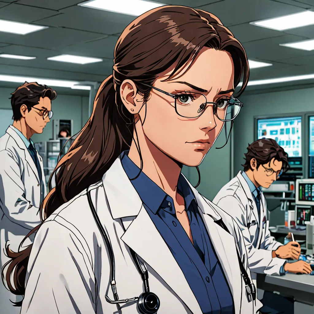 a woman in a lab coat and glasses looking at a computer screen with other people in the background in a cartoon, remodernism, a comic book panel, Ayami Kojima, official art