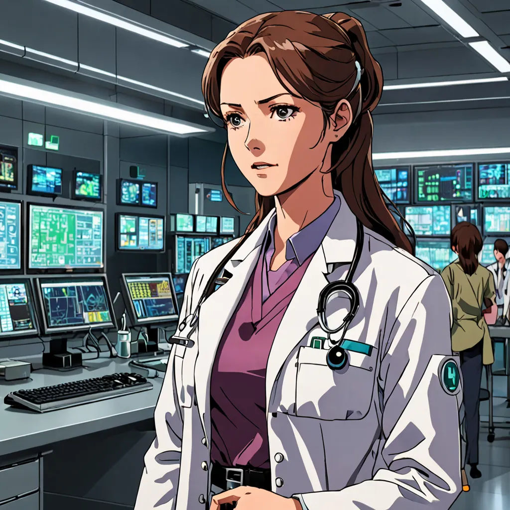 a woman in a white lab coat standing in front of a computer desk with monitors on it and a stethoscope, remodernism, a character portrait, Eizan Kikukawa, official art