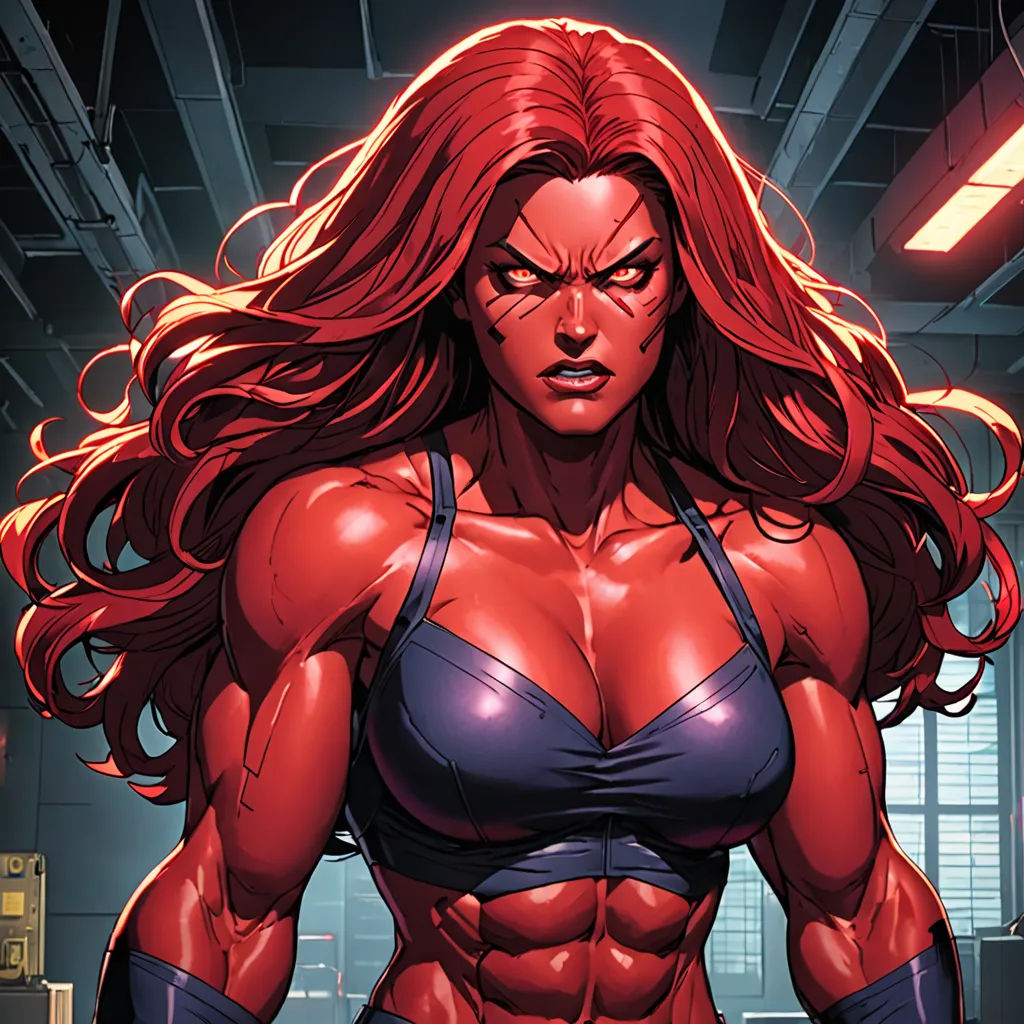 a woman in a red and blue outfit with a large breast and a muscular body, standing in a warehouse, antipodeans, a comic book panel, Anthony Palumbo, muscular
