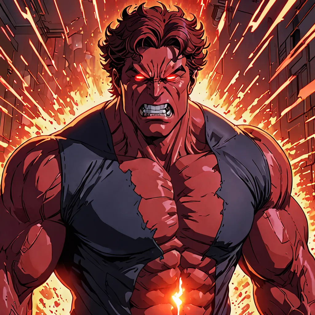 a man with a muscular body and a red light in his hand, standing in front of a fire, shock art, a comic book panel, Benjamin Marra, angry