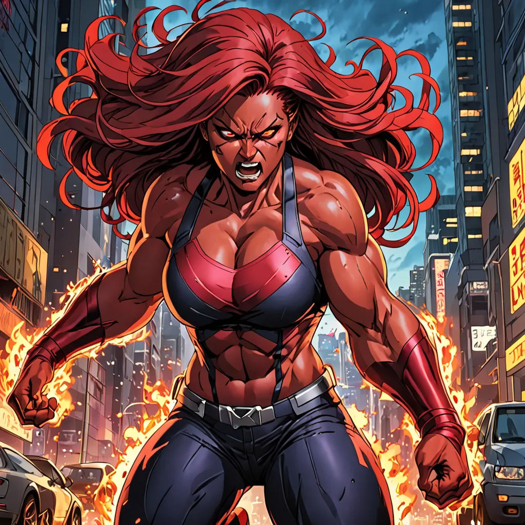 a woman in a red top is running through a city street with fire and flames behind her, and a cityscape in the background, context art, a comic book panel, Anthony Palumbo, marvel comics