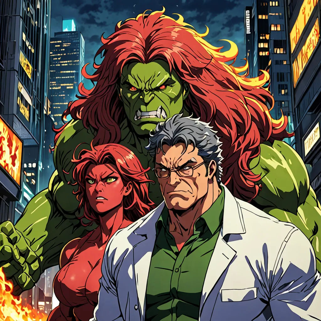 a group of people standing in front of a city skyline with a hulk and a woman in the background, lyco art, a comic book panel, Baiōken Eishun, official art