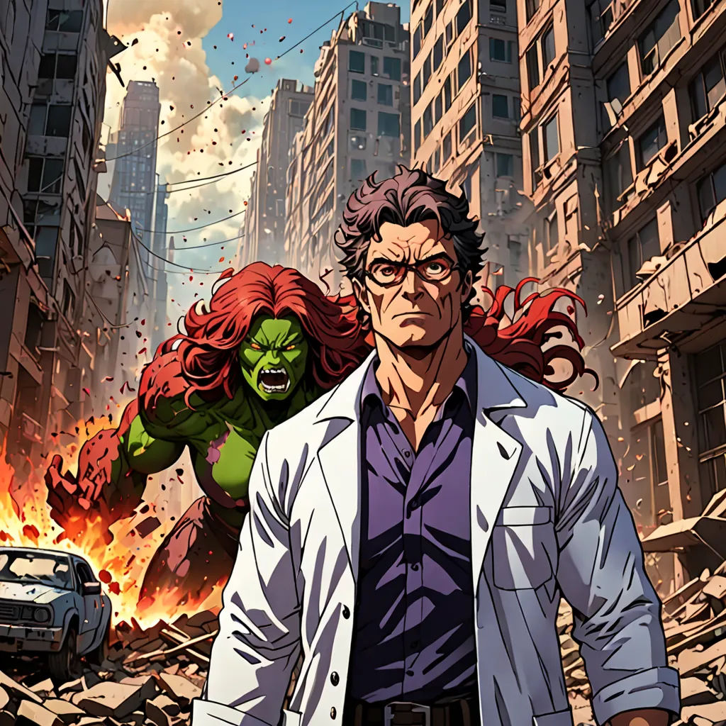 a man in a white jacket and a woman in a red dress are in a city with a green monster, shock art, a comic book panel, Alan Davis, promotional image