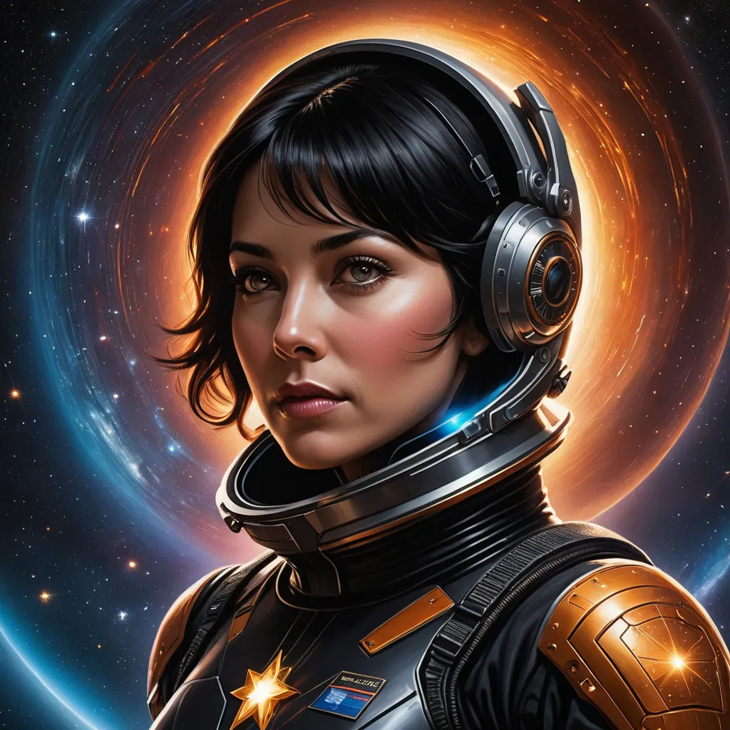 a woman in a space suit with headphones on her head and a space background with stars and a planet, space art, a detailed painting, Eve Ryder, highly detailed digital painting