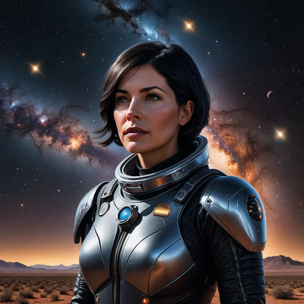 a woman in a space suit standing in the desert with stars in the sky behind her and a distant background, space art, a character portrait, Eve Ryder, mass effect