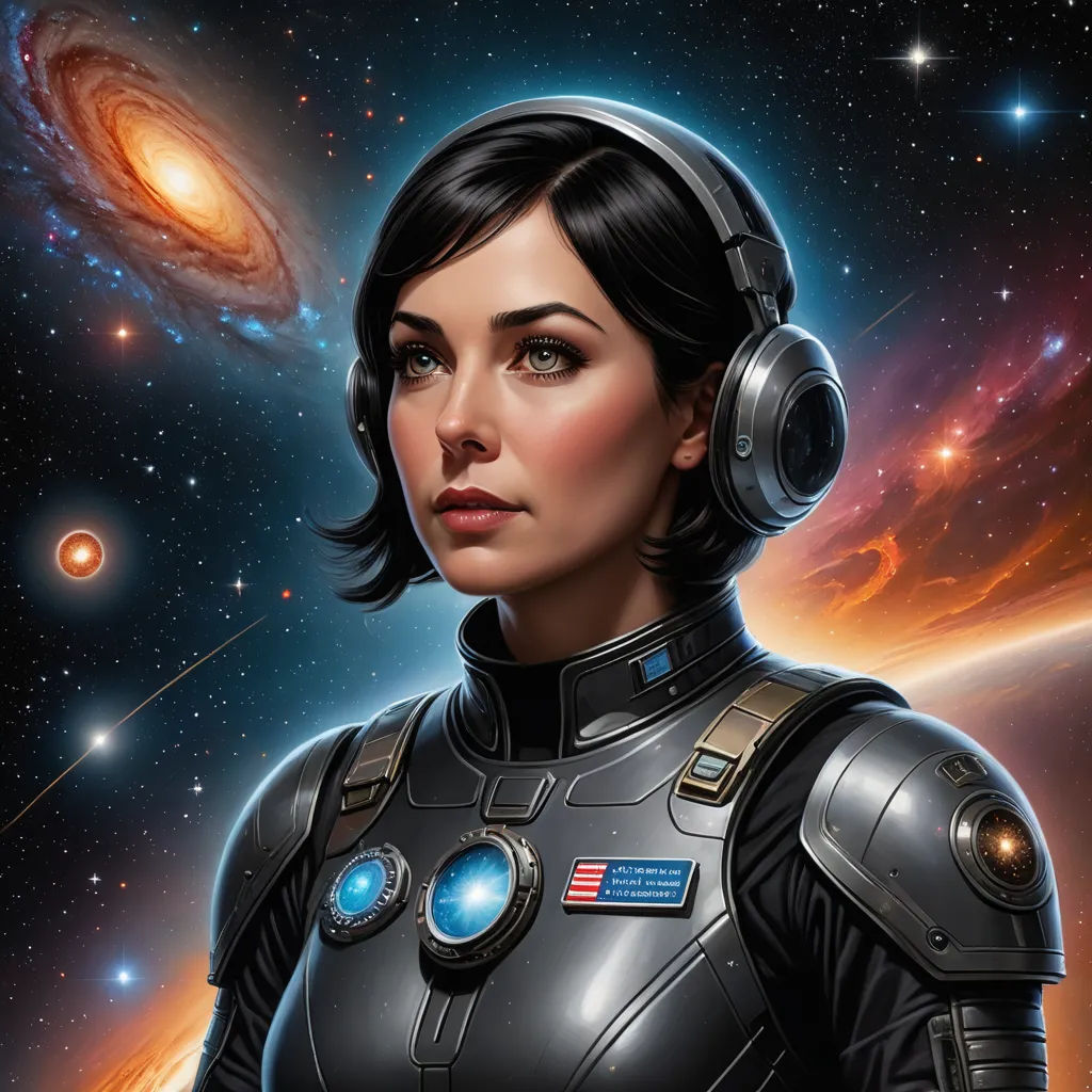 a woman in a space suit with headphones on her ears and a galaxy background with stars and a spiral galaxy, space art, a character portrait, Eve Ryder, mass effect