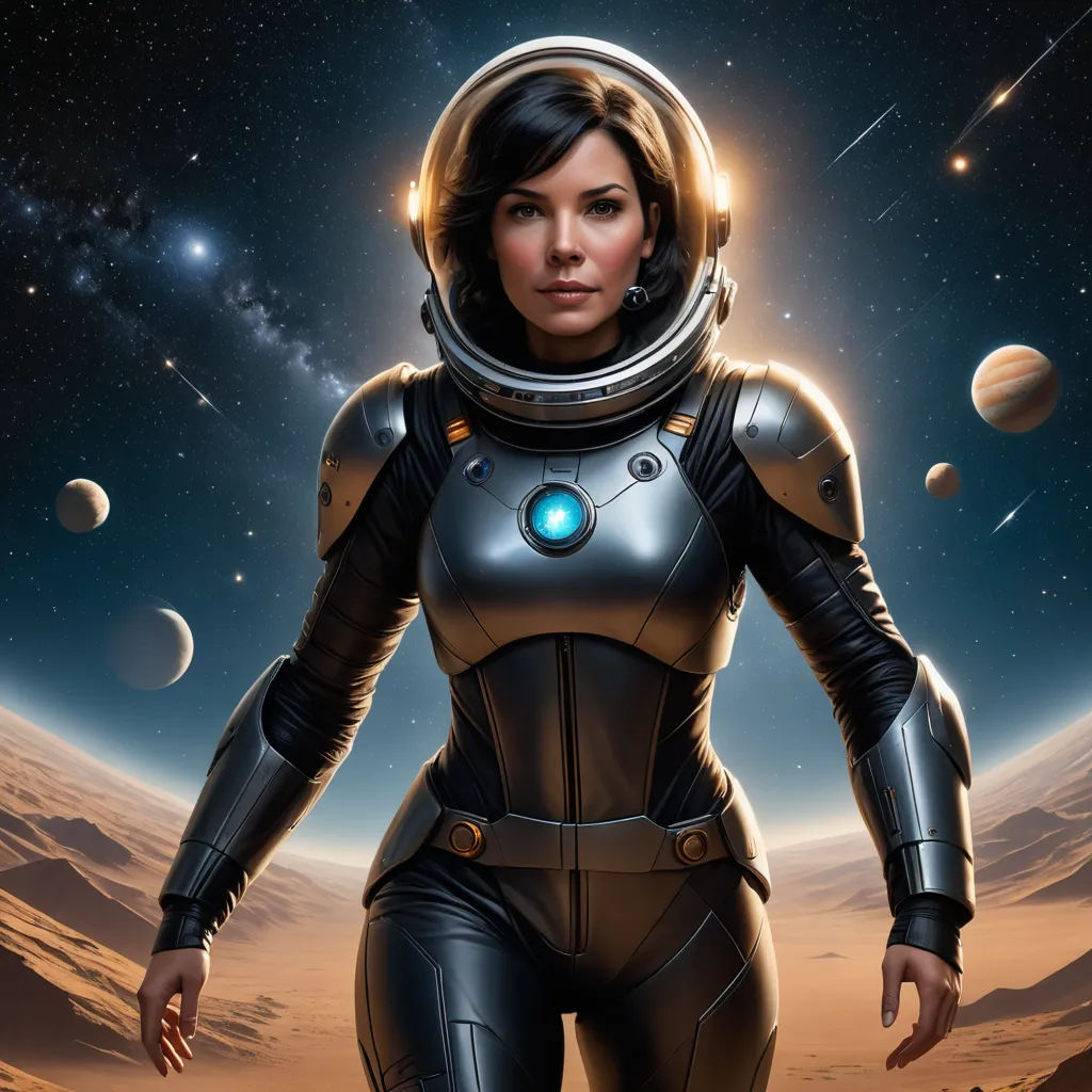 a woman in a space suit standing in front of a planet with planets in the background and stars in the sky, space art, concept art, Eve Ryder, highly detailed digital painting