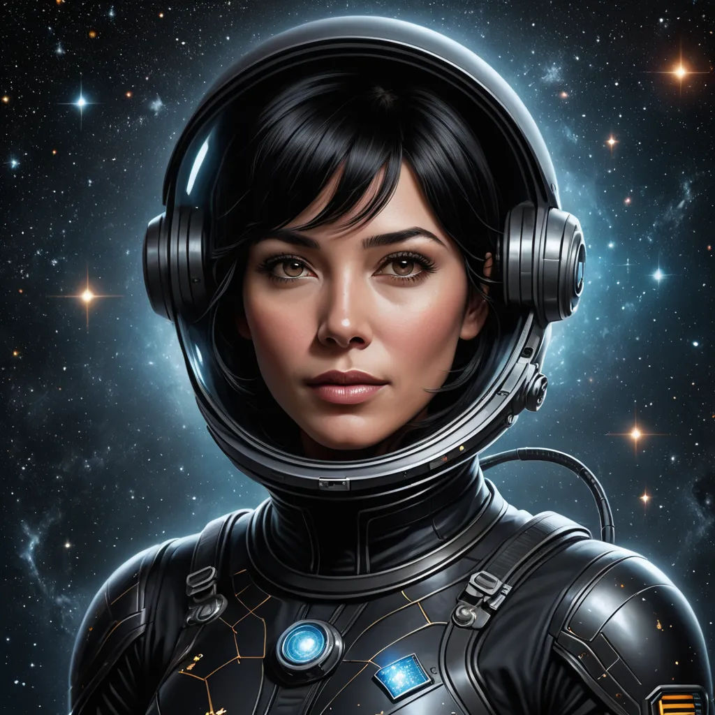 a woman in a space suit with headphones on her head and a space background with stars and a star field, space art, a digital painting, Cedric Peyravernay, highly detailed digital painting