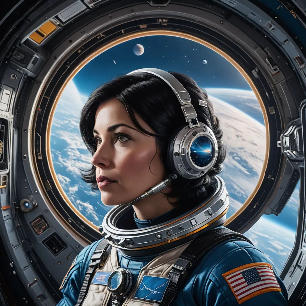 a woman in a space suit with a helmet on looking out of a window at the earth below her, space art, a detailed painting, Eve Ryder, highly detailed digital painting