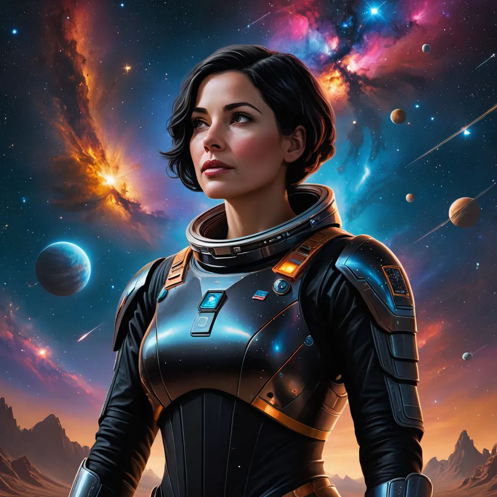 a woman in a space suit standing in front of a galaxy background with planets and stars in the sky, space art, a character portrait, Eve Ryder, mass effect