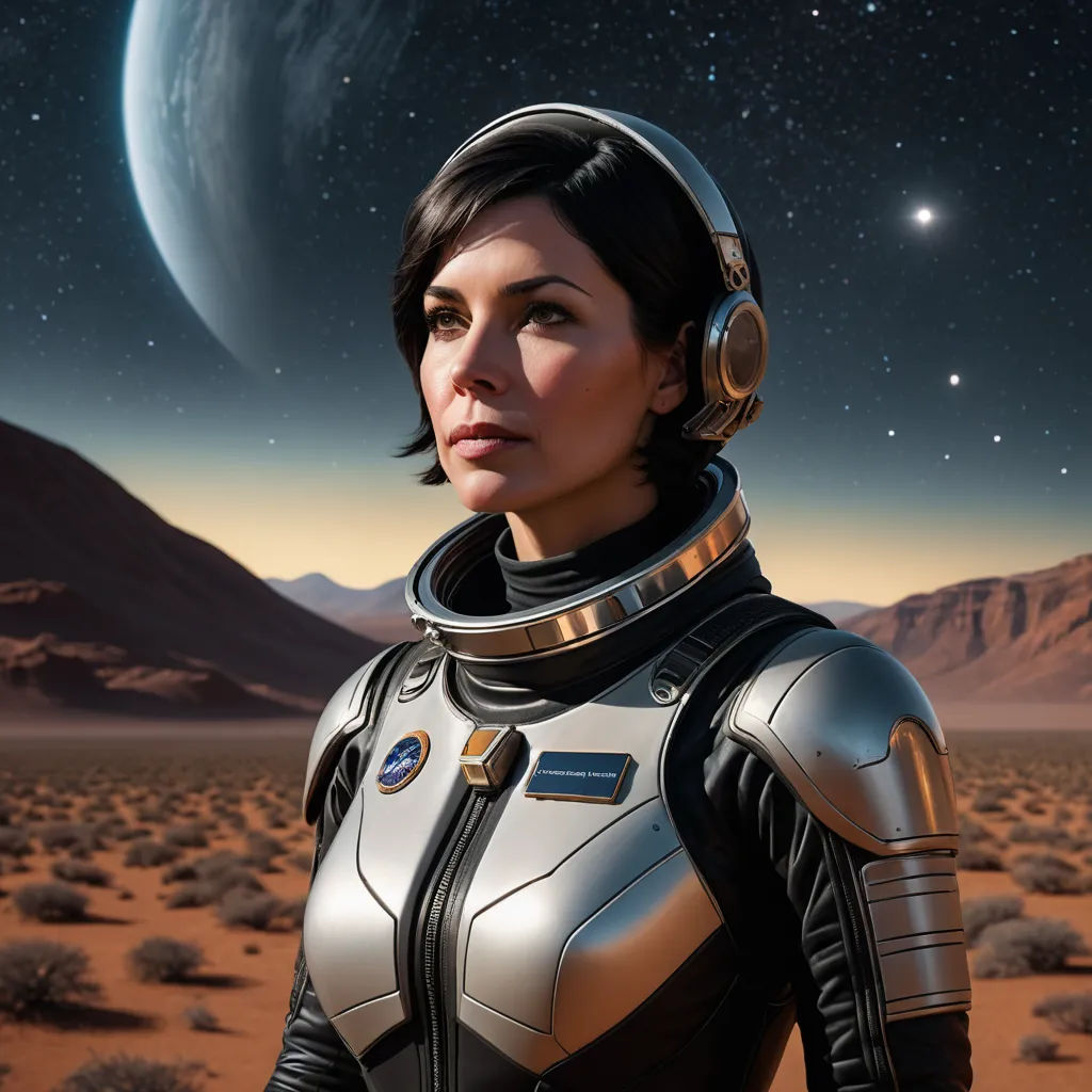 a woman in a space suit standing in the desert with a planet in the background and a distant sky, space art, a character portrait, Eve Ryder, promotional image