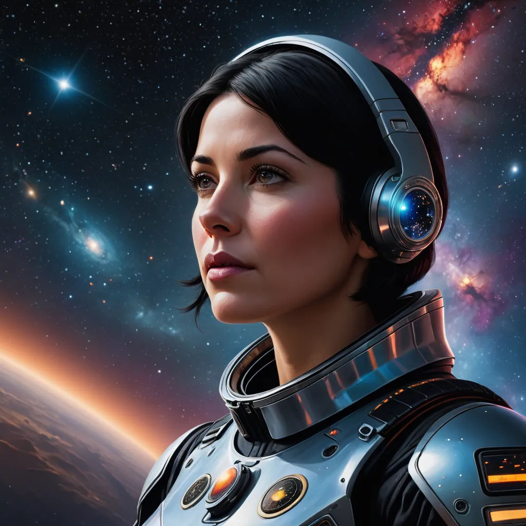 a woman in a space suit with headphones on looking at the stars in the distance with a planet in the background, space art, computer graphics, Eve Ryder, sci fi
