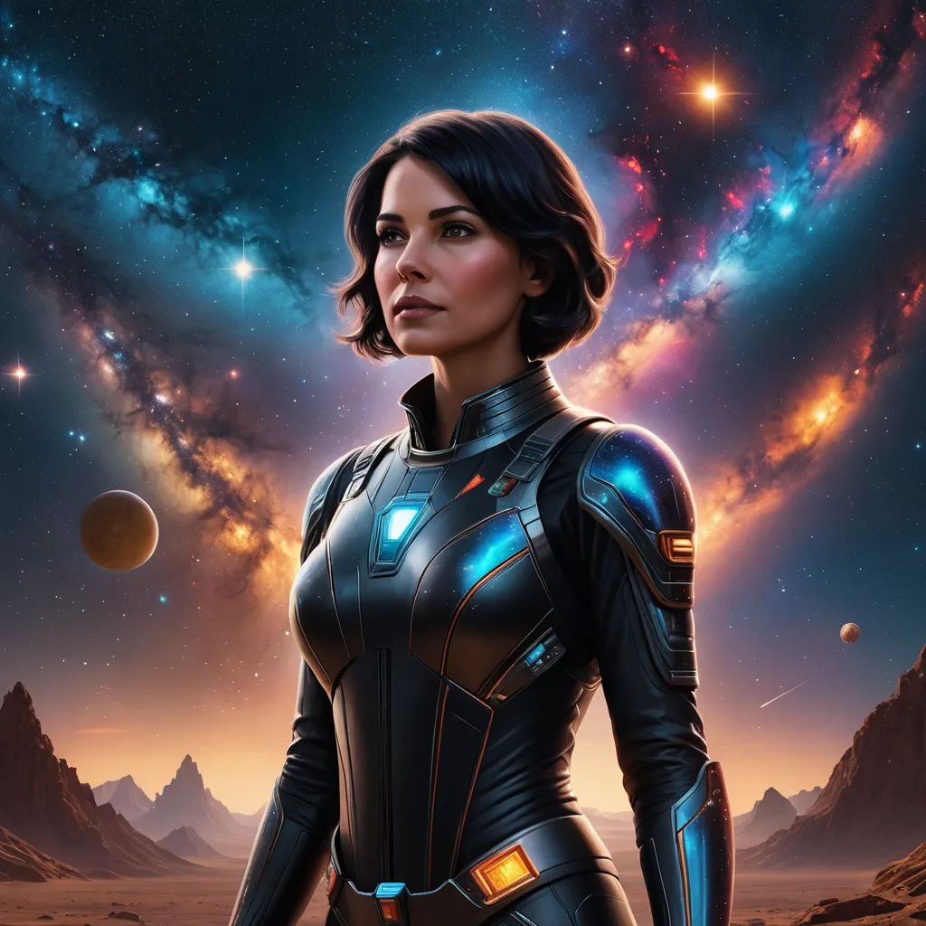 a woman in a space suit standing in front of a planet with stars and planets in the background,, space art, poster art, Eve Ryder, key art