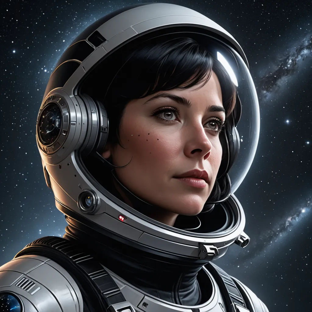 a woman in a space suit with a space background and stars in the sky behind her is a portrait of a woman in a space suit, space art, a character portrait, Cedric Peyravernay, highly detailed digital painting