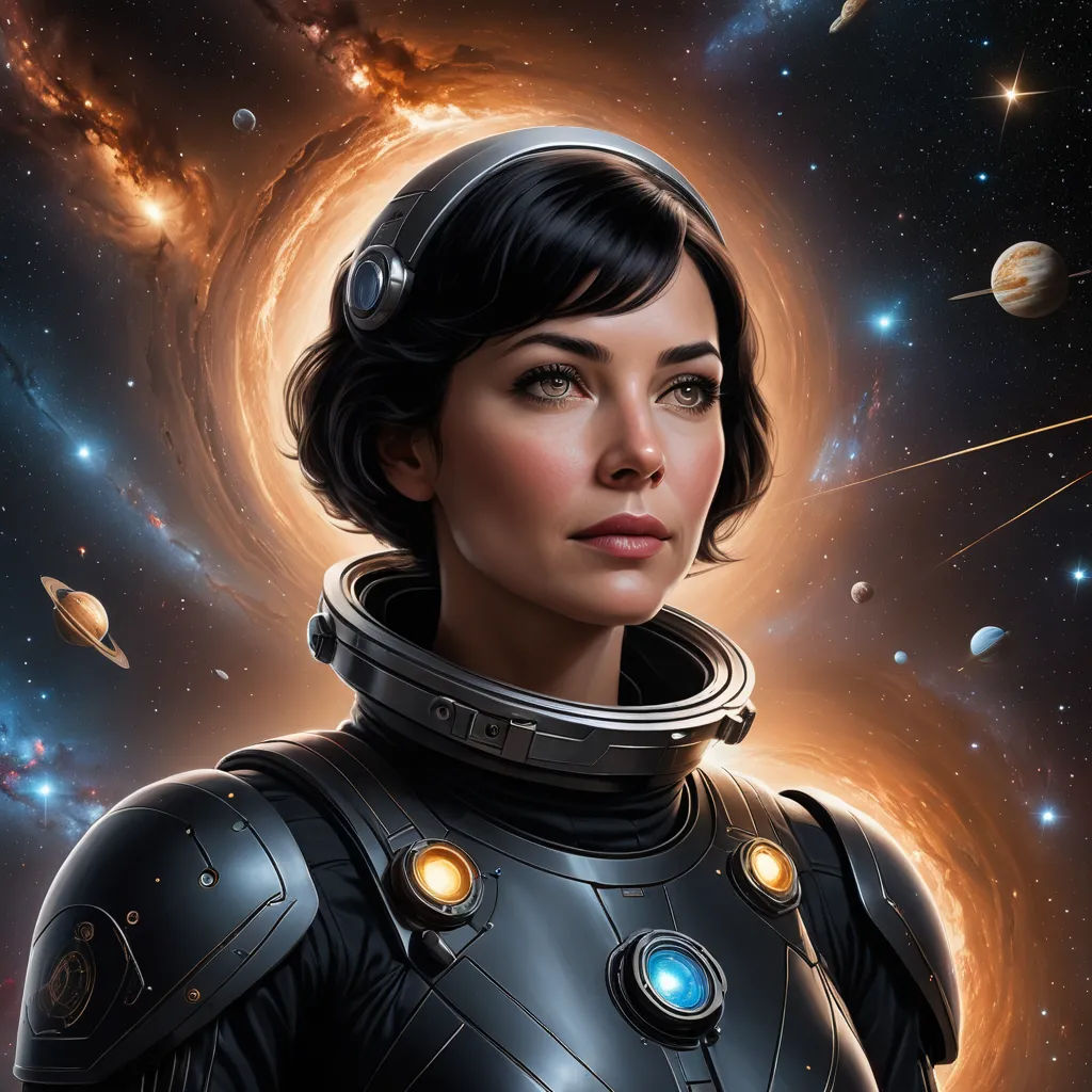 a woman in a space suit with planets around her and a star in the background with a bright light, space art, a detailed painting, Cedric Peyravernay, stanley artgerm lau