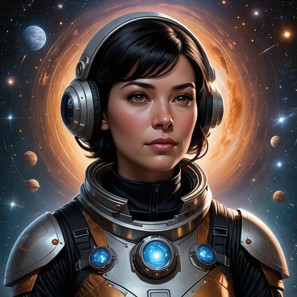 a woman in a space suit with headphones on her head and planets in the background, with a bright orange sun behind her, space art, a character portrait, Aleksi Briclot, highly detailed digital painting
