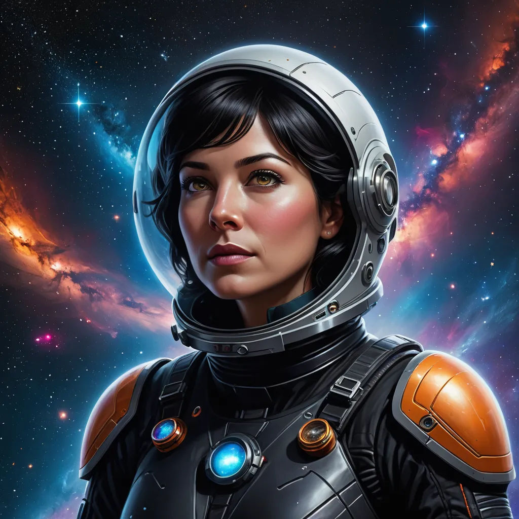 a woman in a space suit with a space background and stars in the sky behind her is a portrait of a woman in a space suit, space art, a character portrait, Eve Ryder, highly detailed digital painting