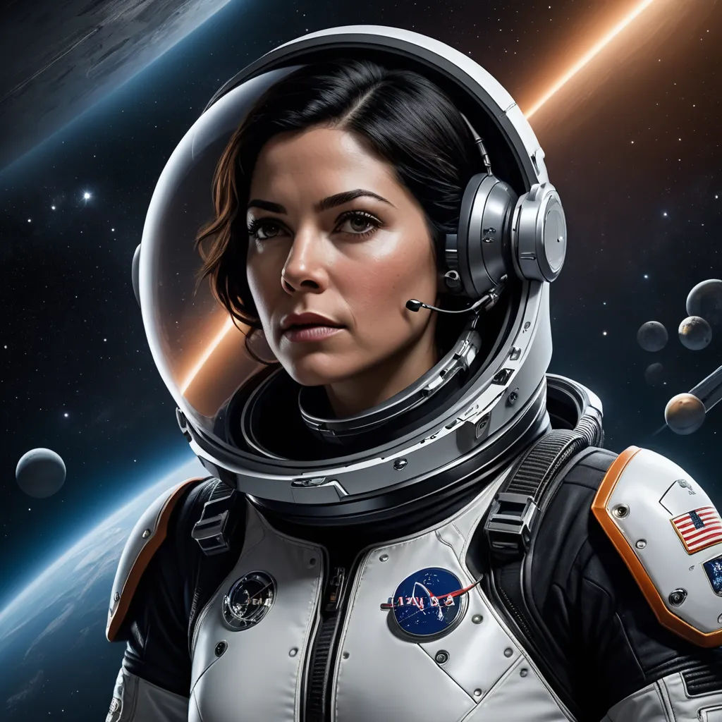 a woman in a space suit with headphones on and a space background with planets and stars in the sky, space art, a digital painting, Aleksi Briclot, highly detailed digital painting