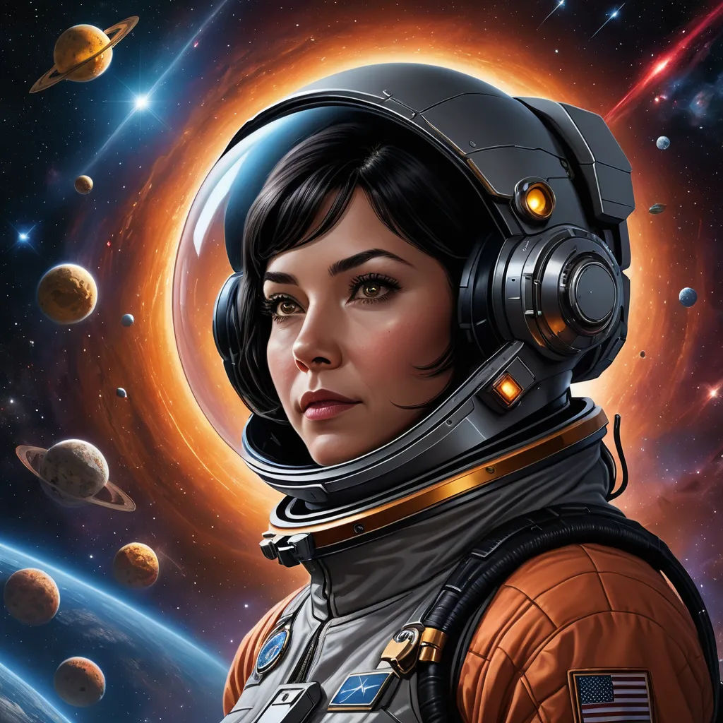 a woman in a space suit with a helmet on and planets in the background, with a bright orange glow, space art, a detailed painting, Eve Ryder, highly detailed digital painting
