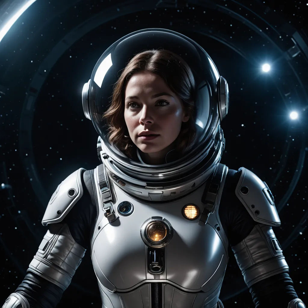 a woman in a space suit standing in front of a star filled sky with stars in the background and a bright light shining on her face, space art, a character portrait, Eve Ryder, promotional image