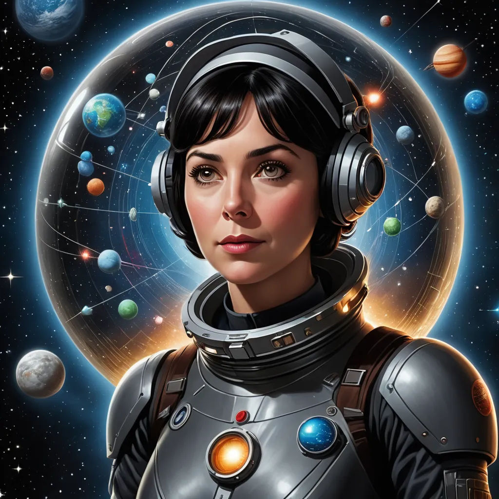 a woman in a space suit with headphones on and planets in the background with a circle of stars, space art, a detailed painting, Artgerm, highly detailed digital painting