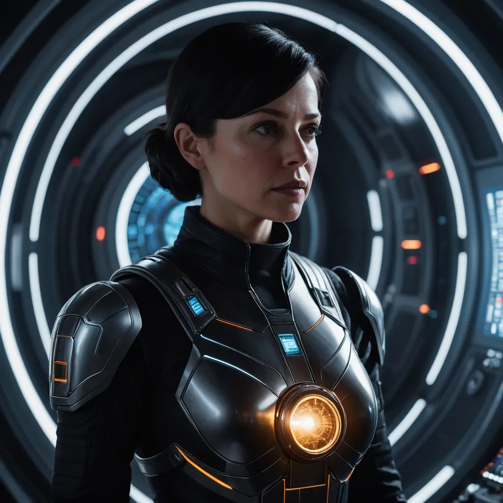 a woman in a sci - fi fi outfit standing in front of a circular light fixture with a sci - fi fi fi light on her chest, space art, a character portrait, Eve Ryder, promotional image