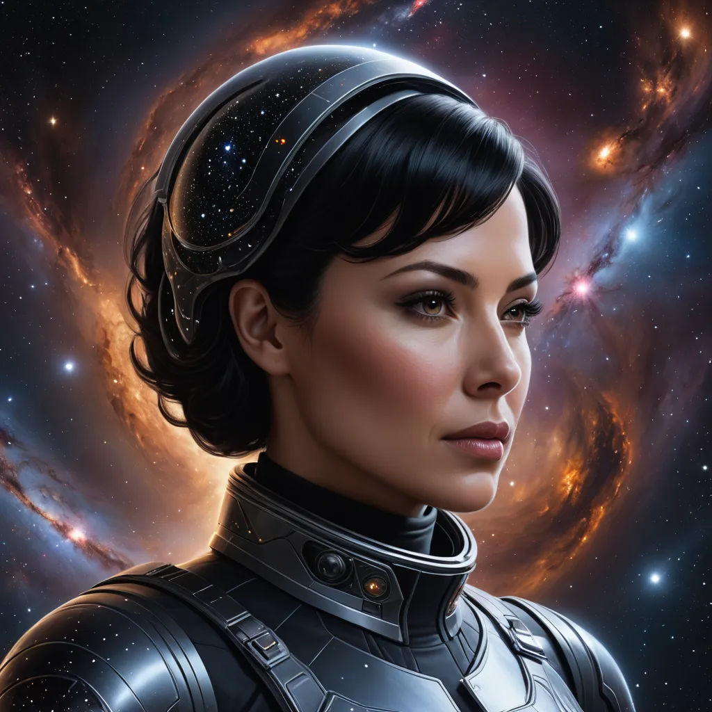 a woman in a space suit with a helmet on her head and stars in the background, with a galaxy in the background, space art, a character portrait, Eve Ryder, highly detailed digital painting