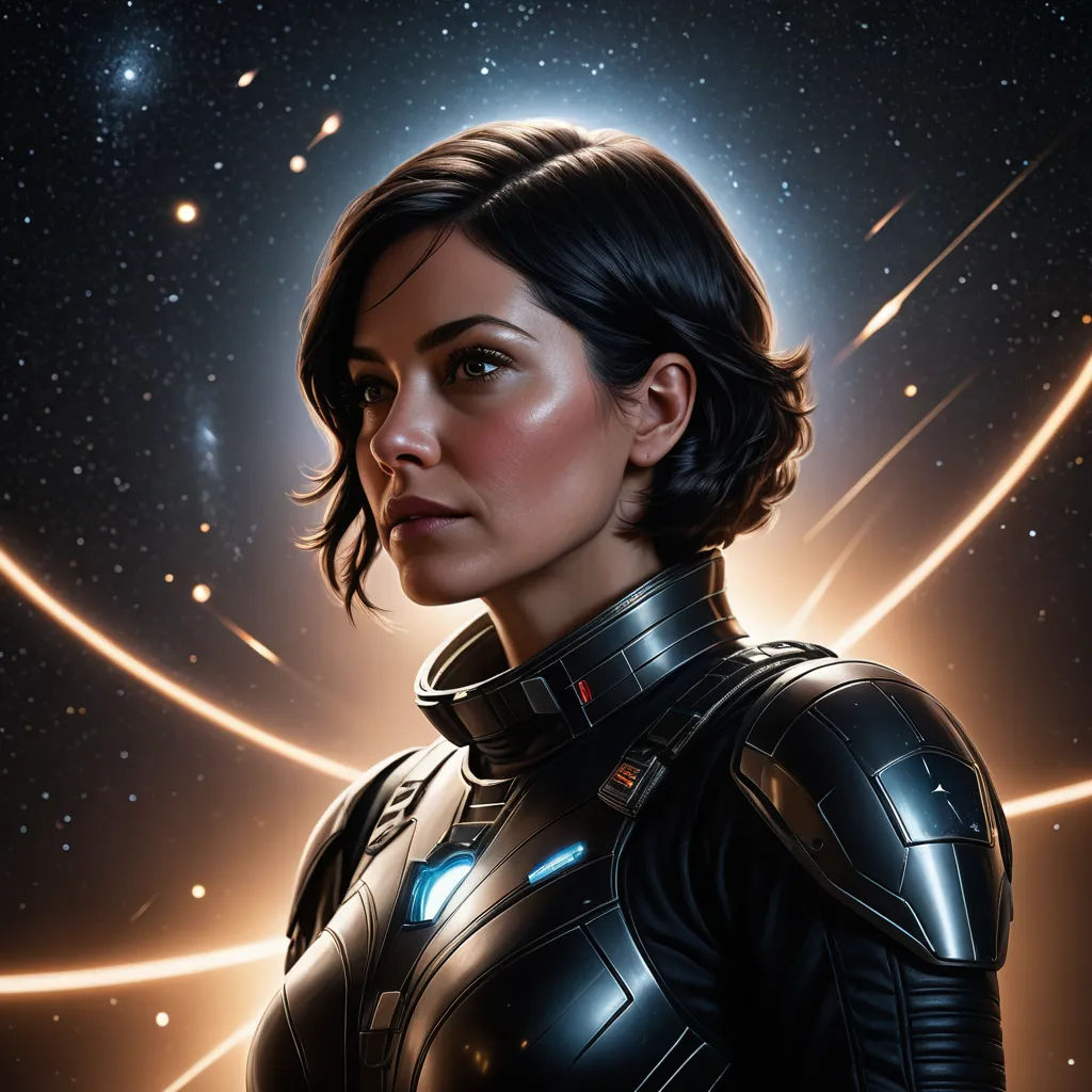 a woman in a black suit with a sci - fi fi fi fi fi fi fi fi fi fi fi fi fi fi fi fi fi fi fi fi fi fi fi fi fi fi fi fi fi fi fi fi fi fi, space art, a character portrait, Cedric Peyravernay, key art