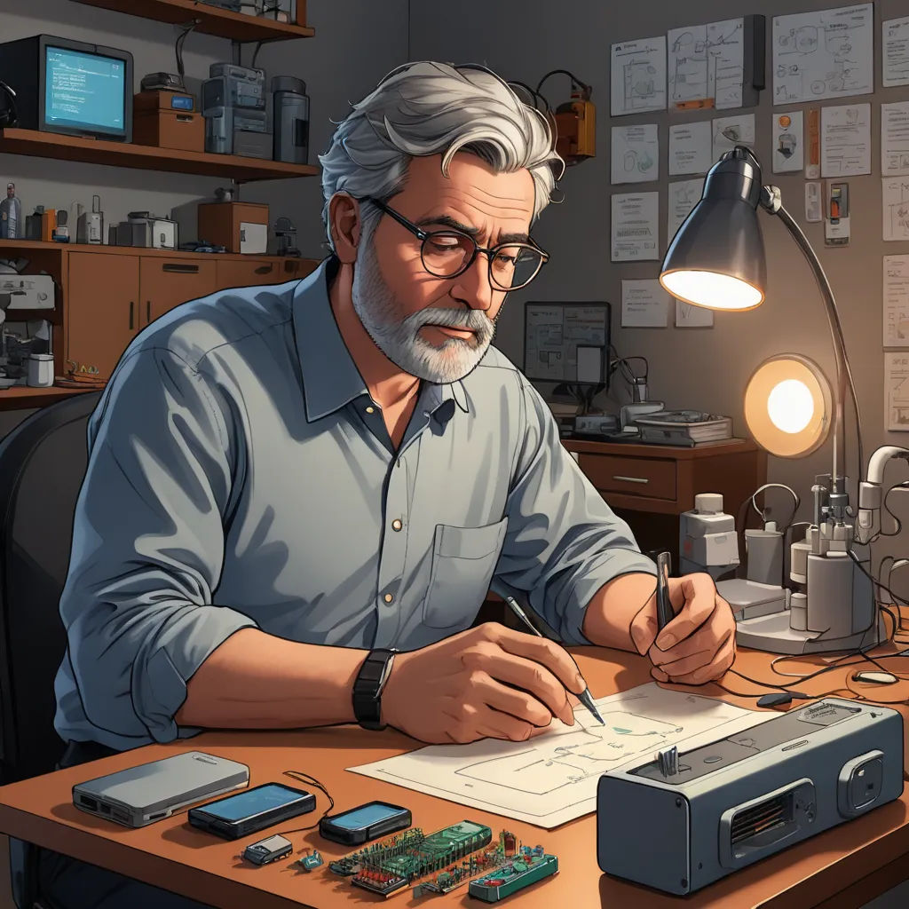 a man sitting at a desk with a laptop and a phone in front of him and a camera in front of him, serial art, computer graphics, Chip Zdarsky, trending on art station