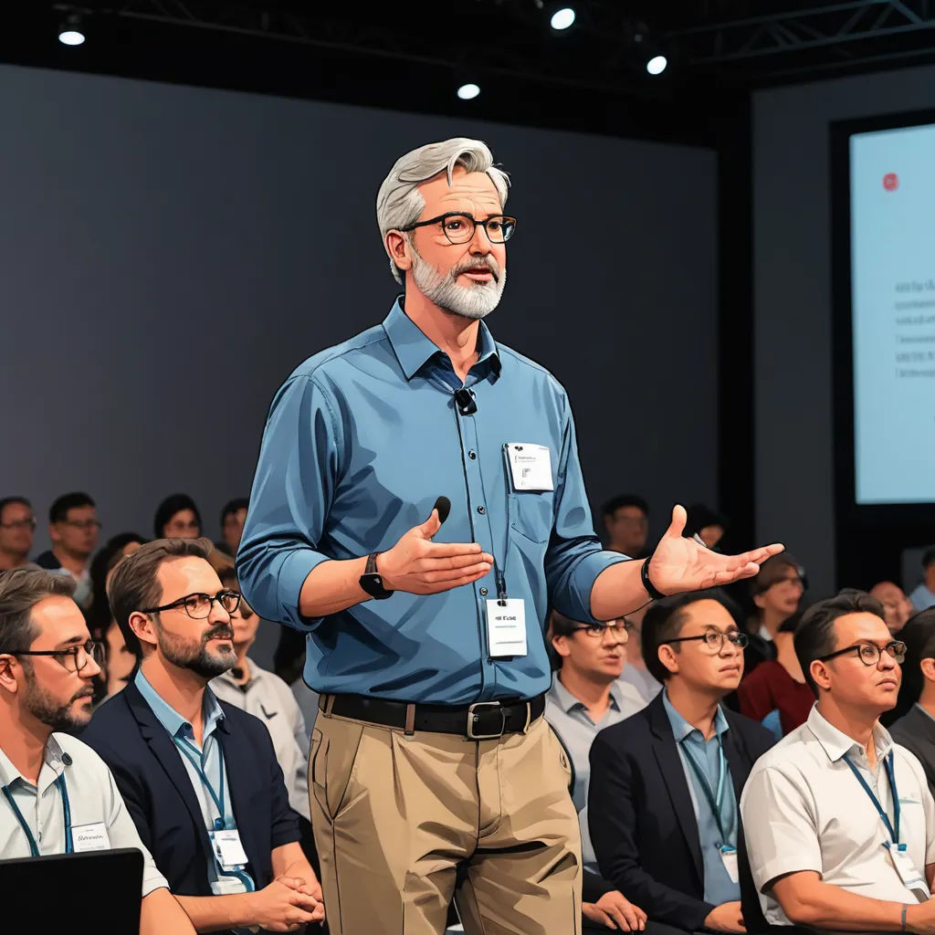 a man standing in front of a crowd of people in front of a screen with a presentation on it, excessivism, a stock photo, David Park, canon eos r 3
