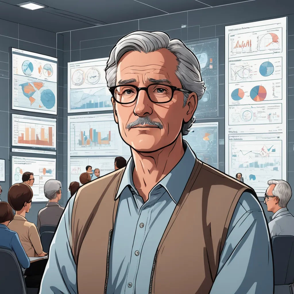 a man in a blue shirt and vest standing in front of a group of people in a room with posters, serial art, a comic book panel, Dan Scott, high detail illustration
