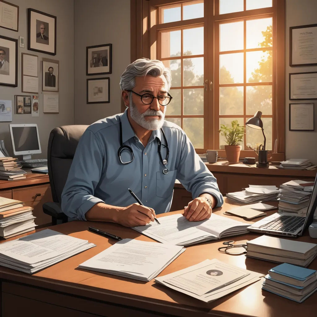a man sitting at a desk with a laptop and papers in front of him and a stethoscope, american scene painting, a digital rendering, Doc Hammer, ultra realistic illustration