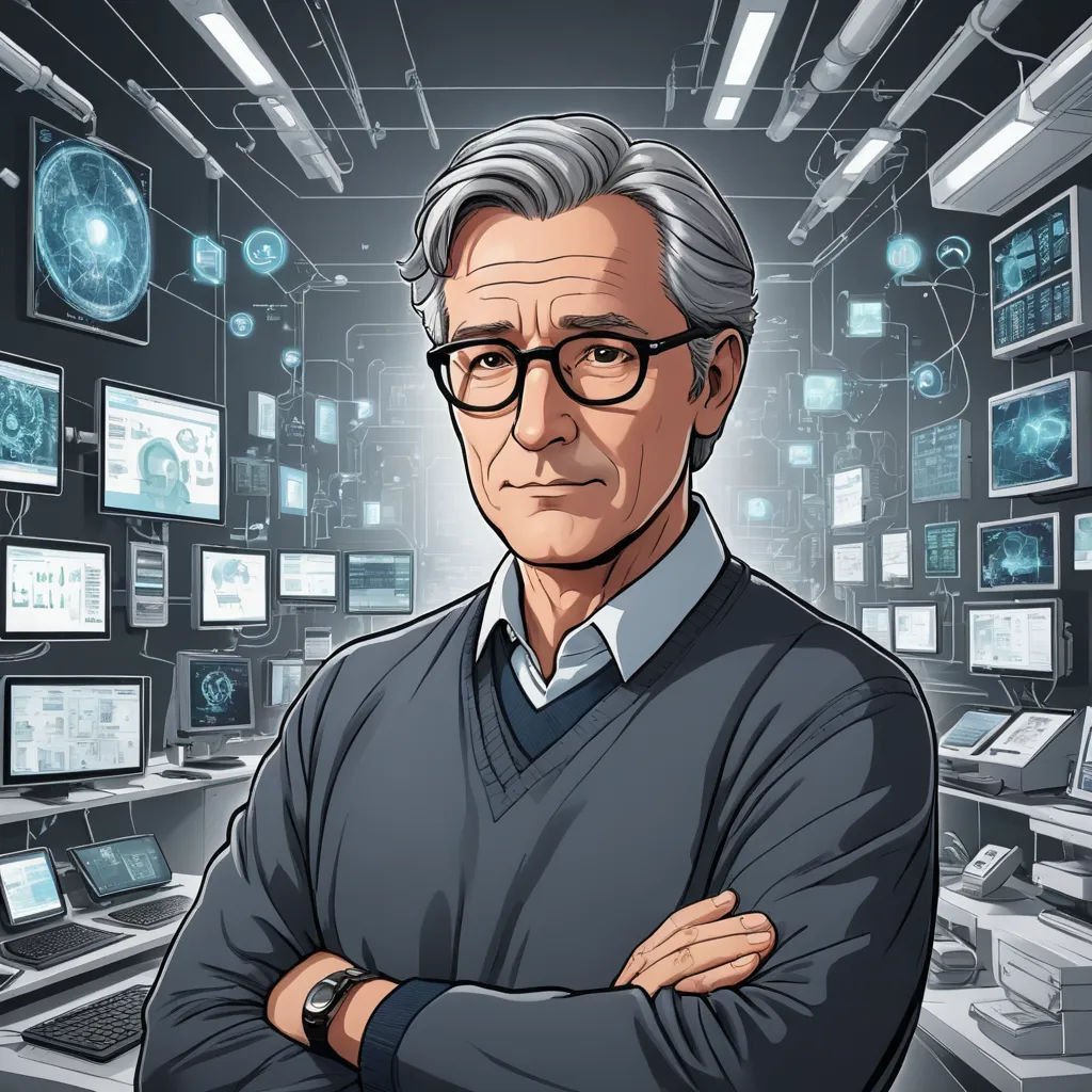 a man in a blue sweater and glasses standing in front of a room full of computer monitors and monitors, academic art, a character portrait, David Brewster, character portrait