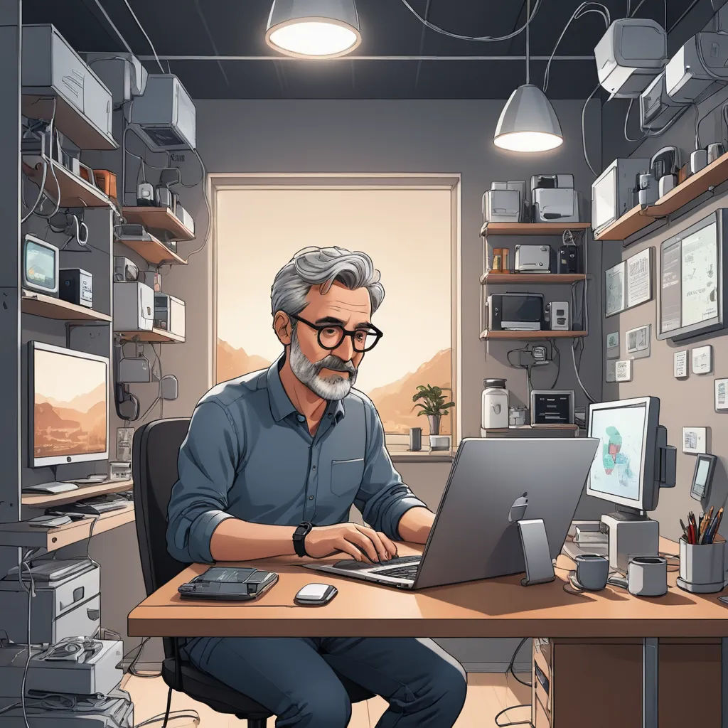 a man sitting at a desk with a laptop computer in front of him and a monitor on the desk, computer art, computer graphics, Asaf Hanuka, trending on art station