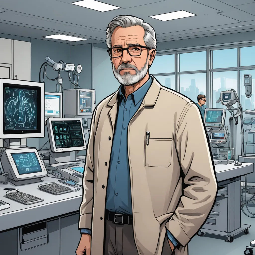 a man standing in a room with a computer and other equipment on the desks and a monitor on the wall, serial art, a character portrait, Dean Roger, official art