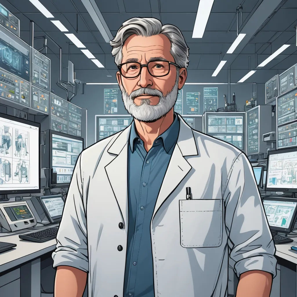a man in a lab coat standing in front of a computer desk with many monitors on it and a laptop, serial art, computer graphics, Anson Maddocks, official art