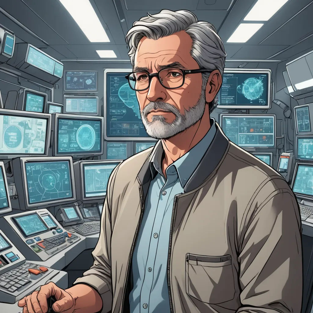 a man in a room full of computer monitors and a keyboard and mouse, with a beard and glasses, serial art, a character portrait, Anson Maddocks, official art
